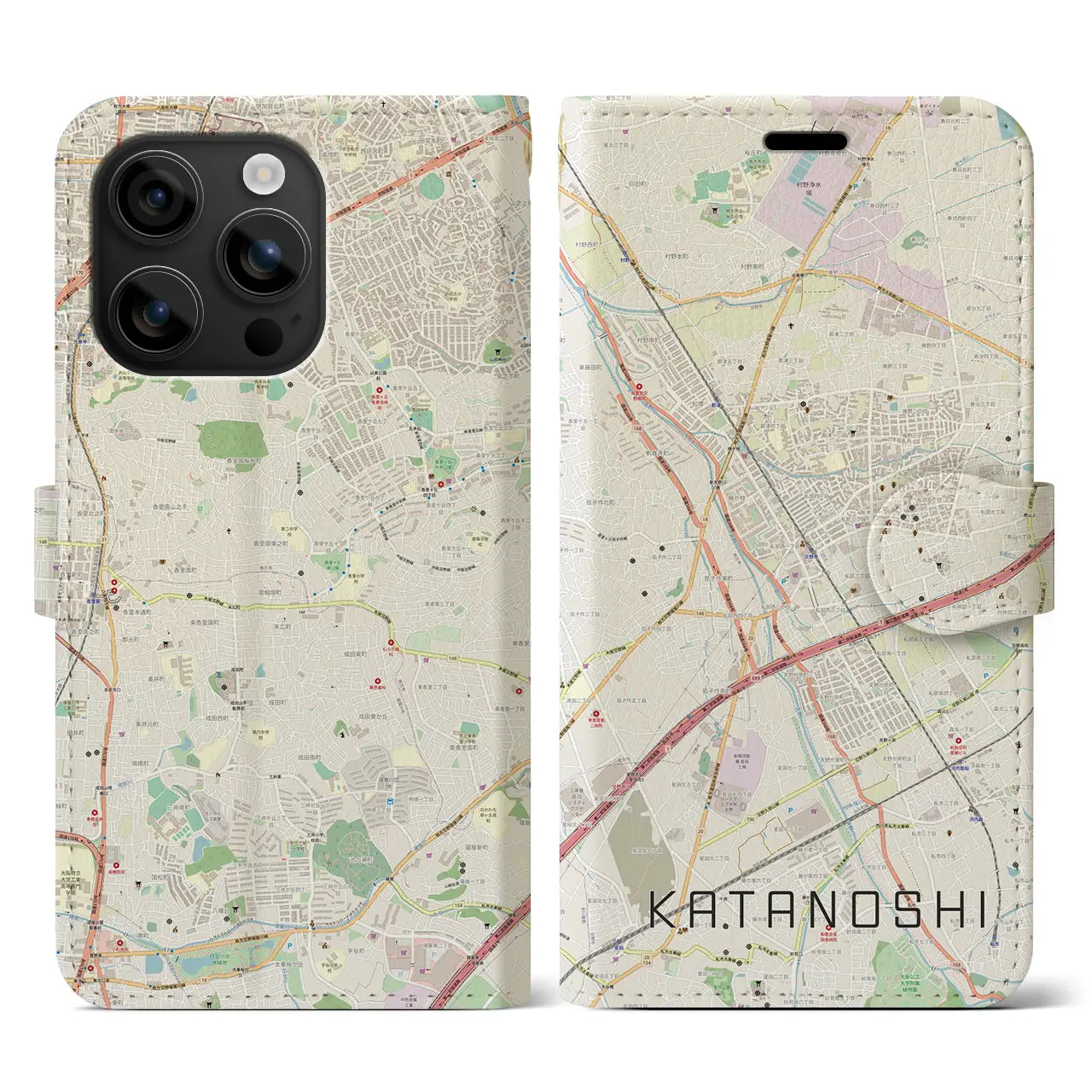 【交野市（大阪府）】地図柄iPhoneケース（手帳タイプ）ナチュラル・iPhone 16 用