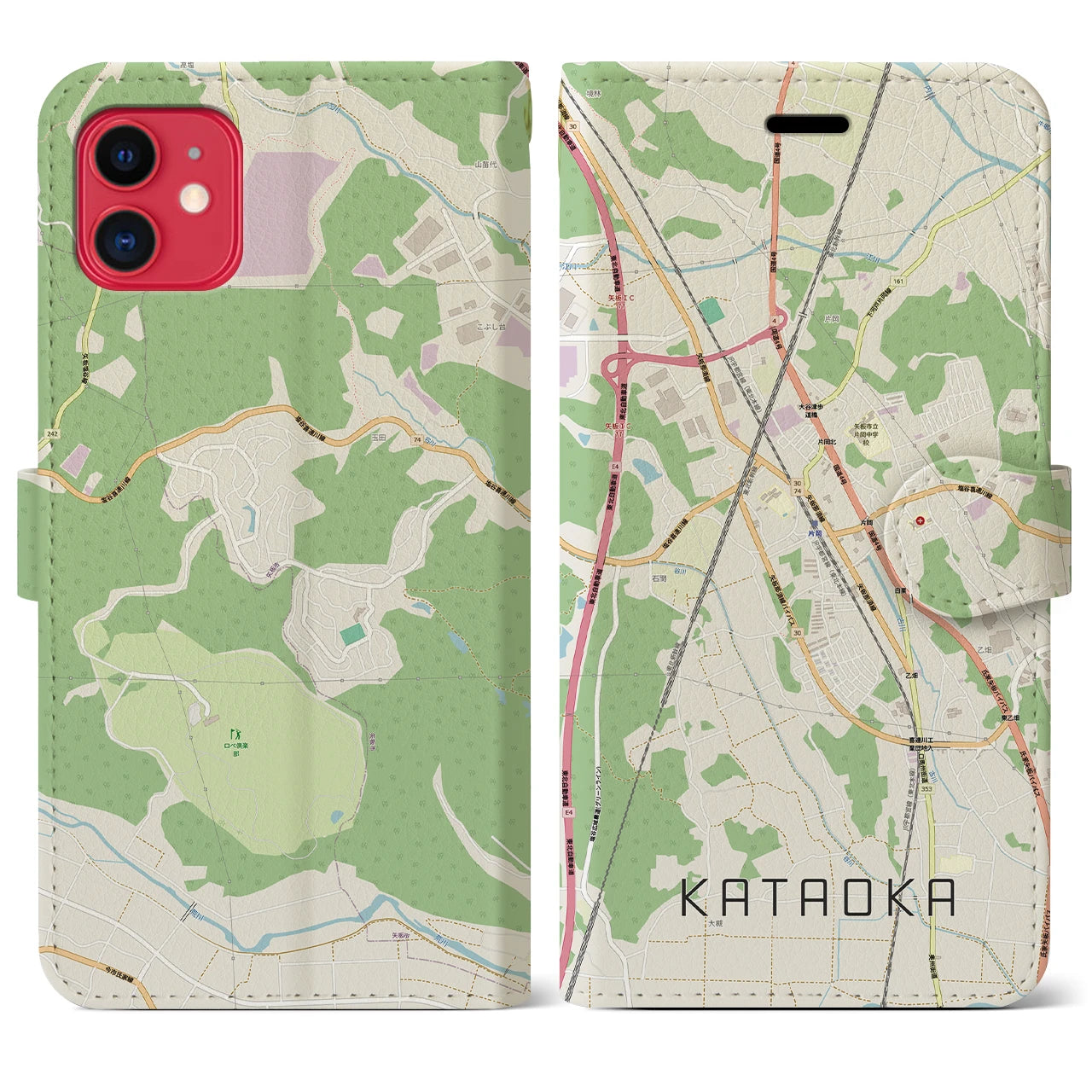 【片岡（栃木県）】地図柄iPhoneケース（手帳タイプ）ナチュラル・iPhone 11 用