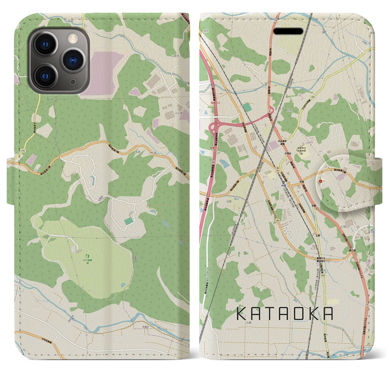 【片岡（栃木県）】地図柄iPhoneケース（手帳タイプ）ナチュラル・iPhone 11 Pro Max 用