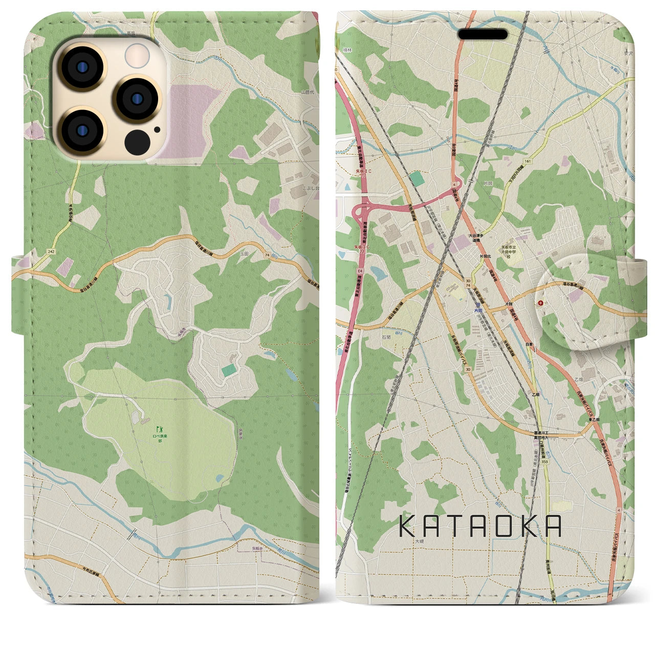 【片岡（栃木県）】地図柄iPhoneケース（手帳タイプ）ナチュラル・iPhone 12 Pro Max 用