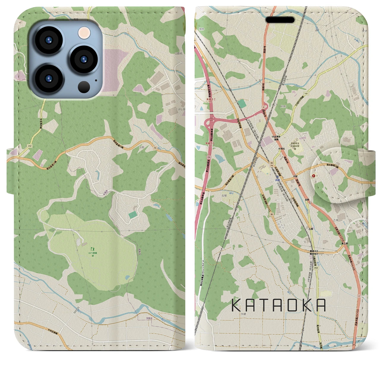 【片岡（栃木県）】地図柄iPhoneケース（手帳タイプ）ナチュラル・iPhone 13 Pro Max 用