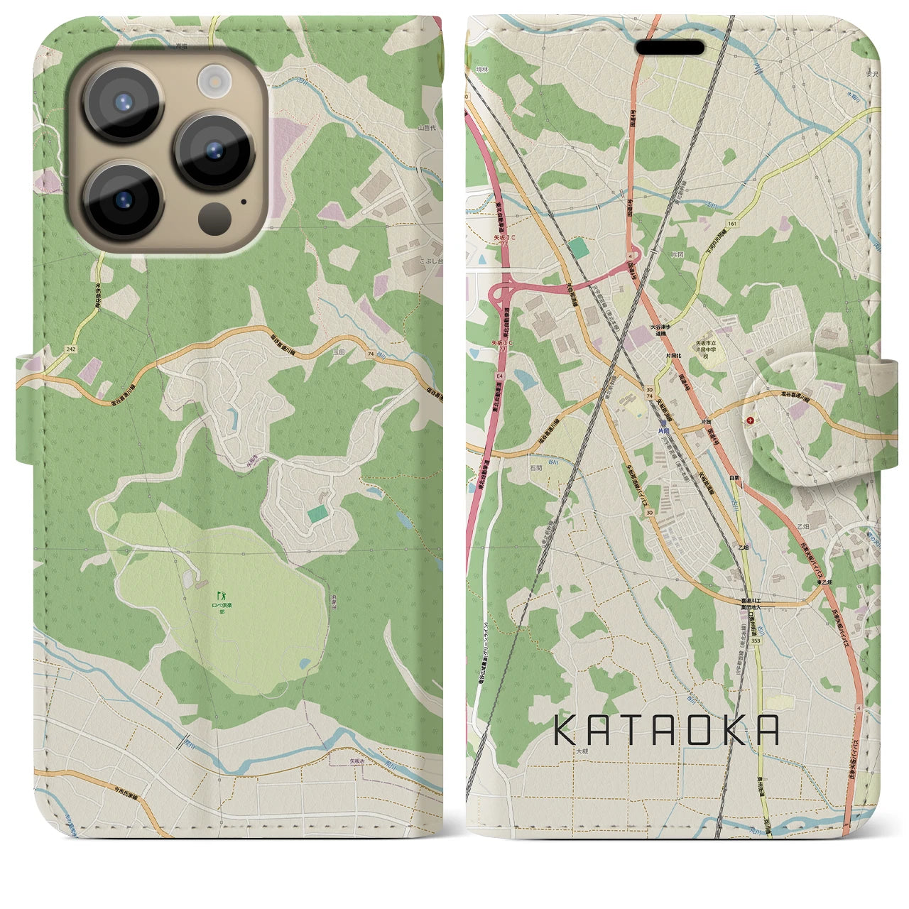 【片岡（栃木県）】地図柄iPhoneケース（手帳タイプ）ナチュラル・iPhone 14 Pro Max 用