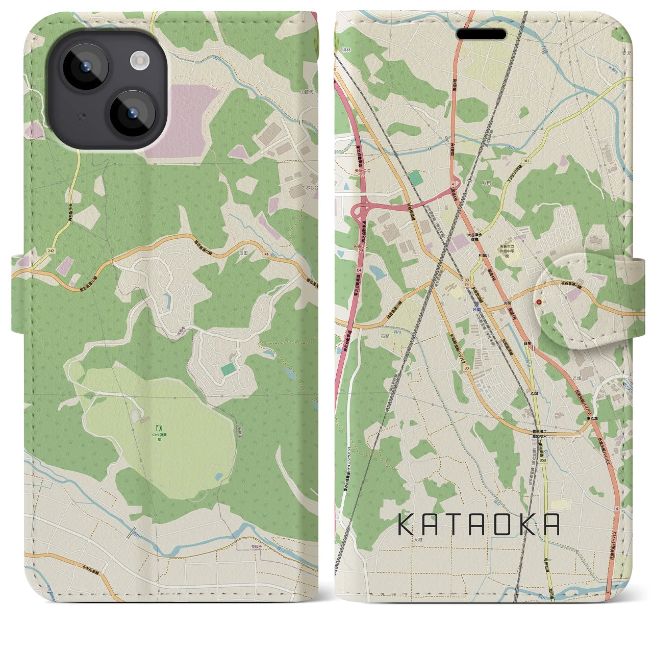 【片岡（栃木県）】地図柄iPhoneケース（手帳タイプ）ナチュラル・iPhone 14 Plus 用