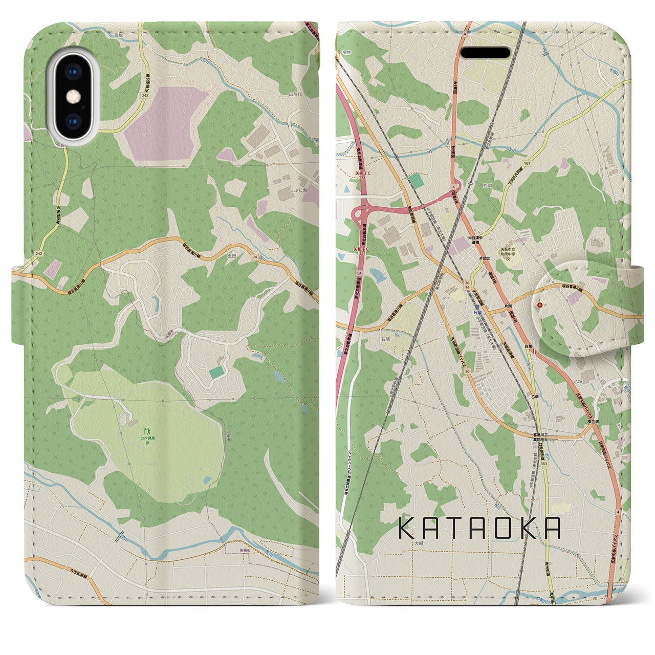 【片岡（栃木県）】地図柄iPhoneケース（手帳タイプ）ナチュラル・iPhone XS Max 用