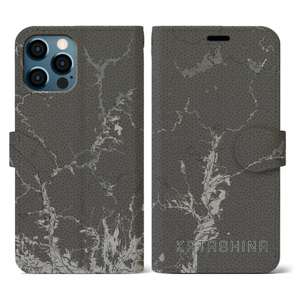 【片品（群馬県）】地図柄iPhoneケース（手帳タイプ）モノトーン・iPhone 12 / 12 Pro 用