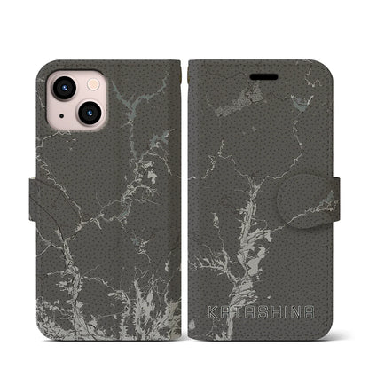 【片品（群馬県）】地図柄iPhoneケース（手帳タイプ）モノトーン・iPhone 13 mini 用