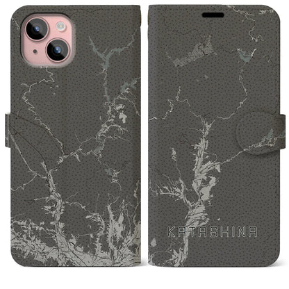 【片品（群馬県）】地図柄iPhoneケース（手帳タイプ）モノトーン・iPhone 15 Plus 用
