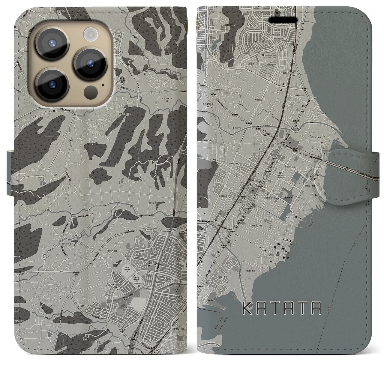 【堅田】地図柄iPhoneケース（手帳両面タイプ・モノトーン）iPhone 14 Pro Max 用
