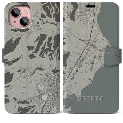 【堅田（滋賀県）】地図柄iPhoneケース（手帳タイプ）モノトーン・iPhone 15 Plus 用