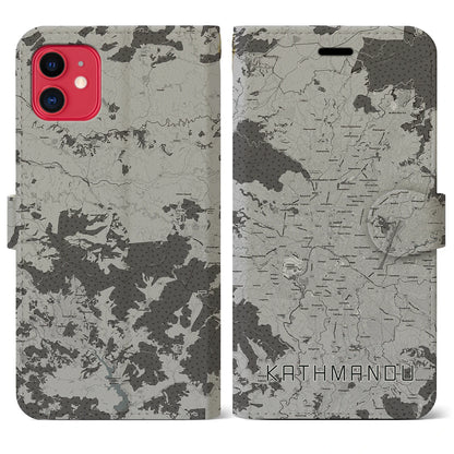 【カトマンズ（ネパール）】地図柄iPhoneケース（手帳タイプ）モノトーン・iPhone 11 用