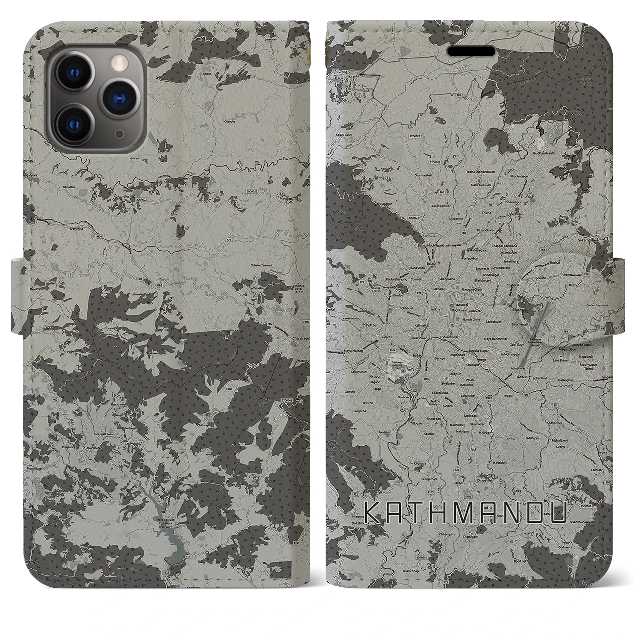 【カトマンズ】地図柄iPhoneケース（手帳両面タイプ・モノトーン）iPhone 11 Pro Max 用