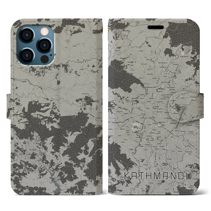 【カトマンズ（ネパール）】地図柄iPhoneケース（手帳タイプ）モノトーン・iPhone 12 / 12 Pro 用
