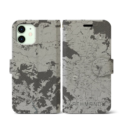 【カトマンズ（ネパール）】地図柄iPhoneケース（手帳タイプ）モノトーン・iPhone 12 mini 用