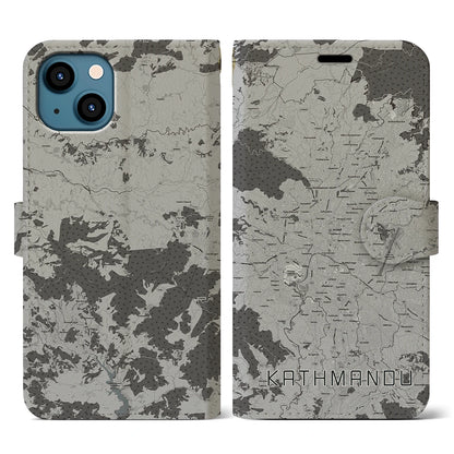 【カトマンズ（ネパール）】地図柄iPhoneケース（手帳タイプ）モノトーン・iPhone 13 用