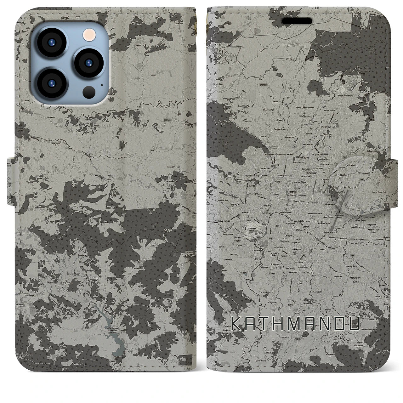 【カトマンズ】地図柄iPhoneケース（手帳両面タイプ・モノトーン）iPhone 13 Pro Max 用