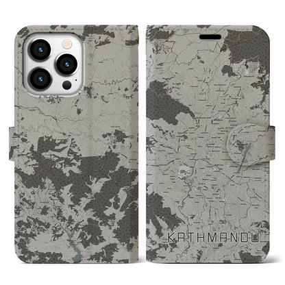 【カトマンズ（ネパール）】地図柄iPhoneケース（手帳タイプ）モノトーン・iPhone 13 Pro 用