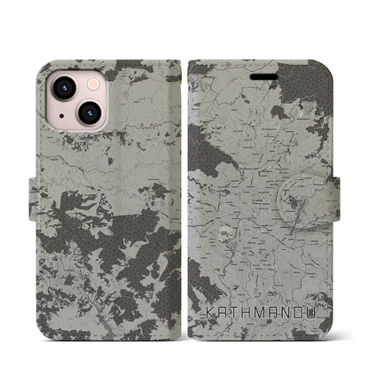 【カトマンズ（ネパール）】地図柄iPhoneケース（手帳タイプ）モノトーン・iPhone 13 mini 用