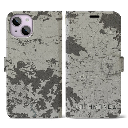 【カトマンズ（ネパール）】地図柄iPhoneケース（手帳タイプ）モノトーン・iPhone 14 用