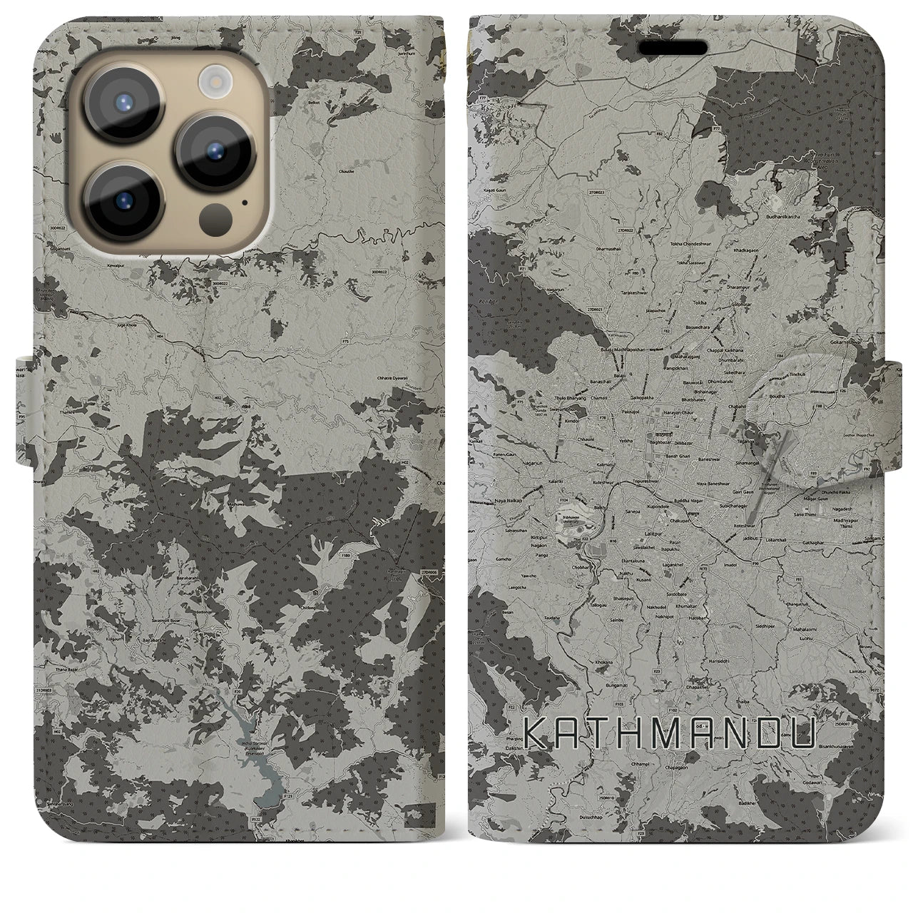 【カトマンズ】地図柄iPhoneケース（手帳両面タイプ・モノトーン）iPhone 14 Pro Max 用