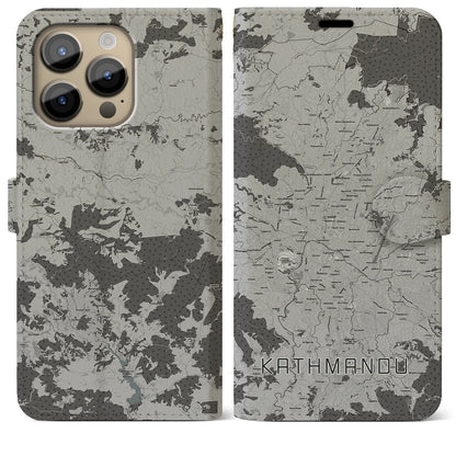【カトマンズ（ネパール）】地図柄iPhoneケース（手帳タイプ）モノトーン・iPhone 14 Pro Max 用