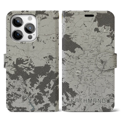 【カトマンズ（ネパール）】地図柄iPhoneケース（手帳タイプ）モノトーン・iPhone 14 Pro 用