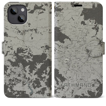 【カトマンズ（ネパール）】地図柄iPhoneケース（手帳タイプ）モノトーン・iPhone 14 Plus 用