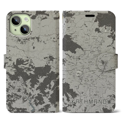【カトマンズ（ネパール）】地図柄iPhoneケース（手帳タイプ）モノトーン・iPhone 15 用