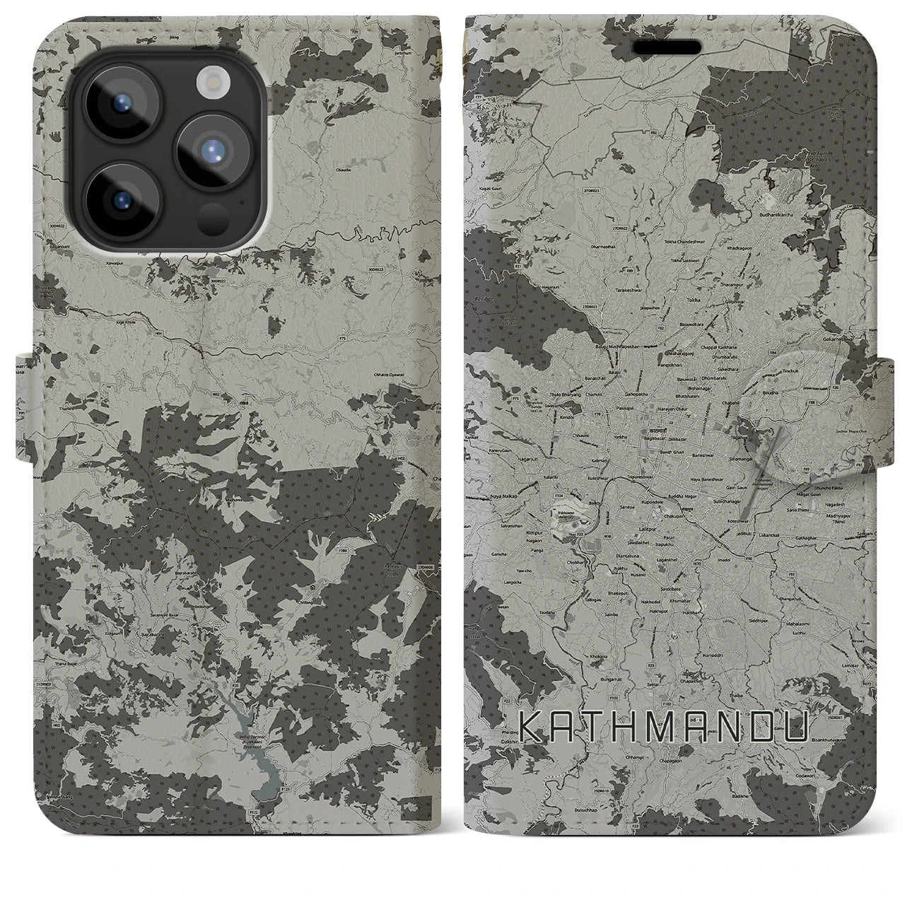 【カトマンズ】地図柄iPhoneケース（手帳両面タイプ・モノトーン）iPhone 15 Pro Max 用