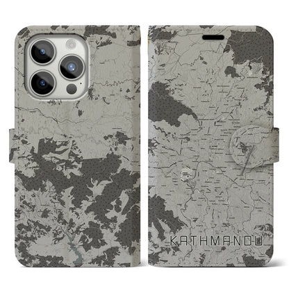 【カトマンズ（ネパール）】地図柄iPhoneケース（手帳タイプ）モノトーン・iPhone 15 Pro 用