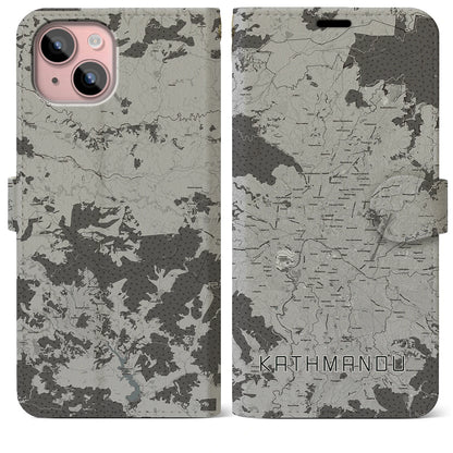 【カトマンズ（ネパール）】地図柄iPhoneケース（手帳タイプ）モノトーン・iPhone 15 Plus 用