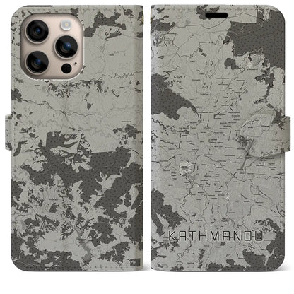 【カトマンズ（ネパール）】地図柄iPhoneケース（手帳タイプ）モノトーン・iPhone 16 Plus 用