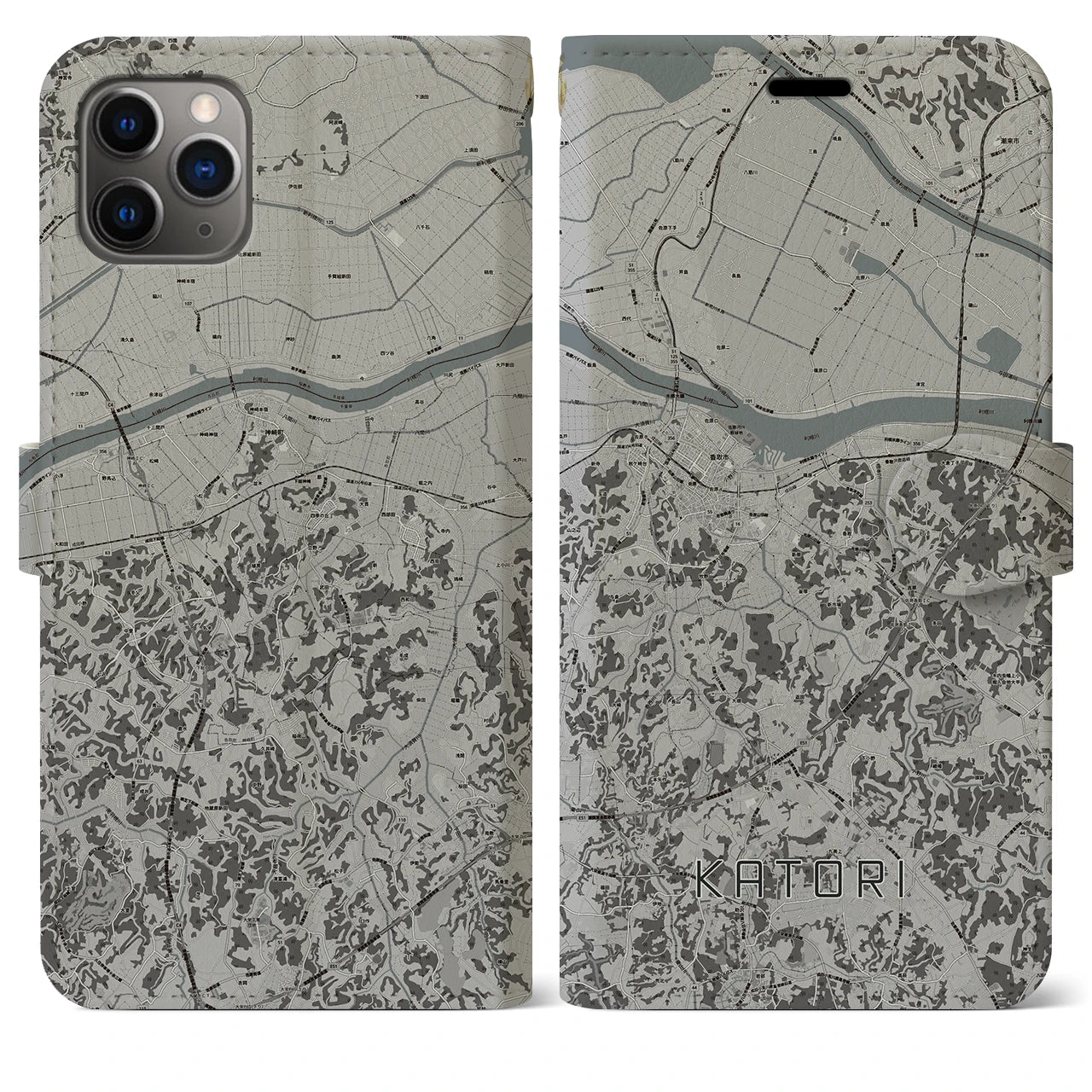 【香取】地図柄iPhoneケース（手帳両面タイプ・モノトーン）iPhone 11 Pro Max 用