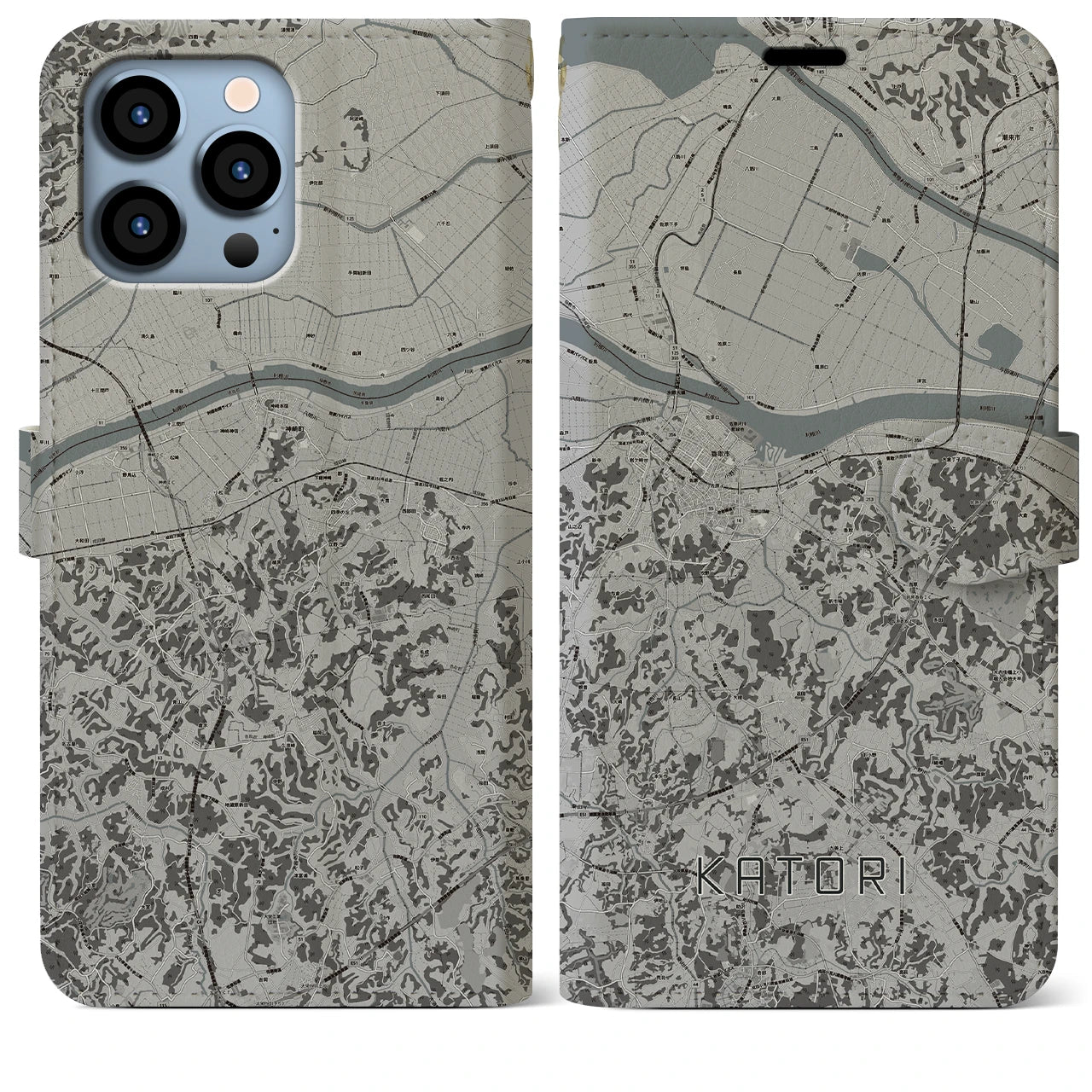 【香取】地図柄iPhoneケース（手帳両面タイプ・モノトーン）iPhone 13 Pro Max 用