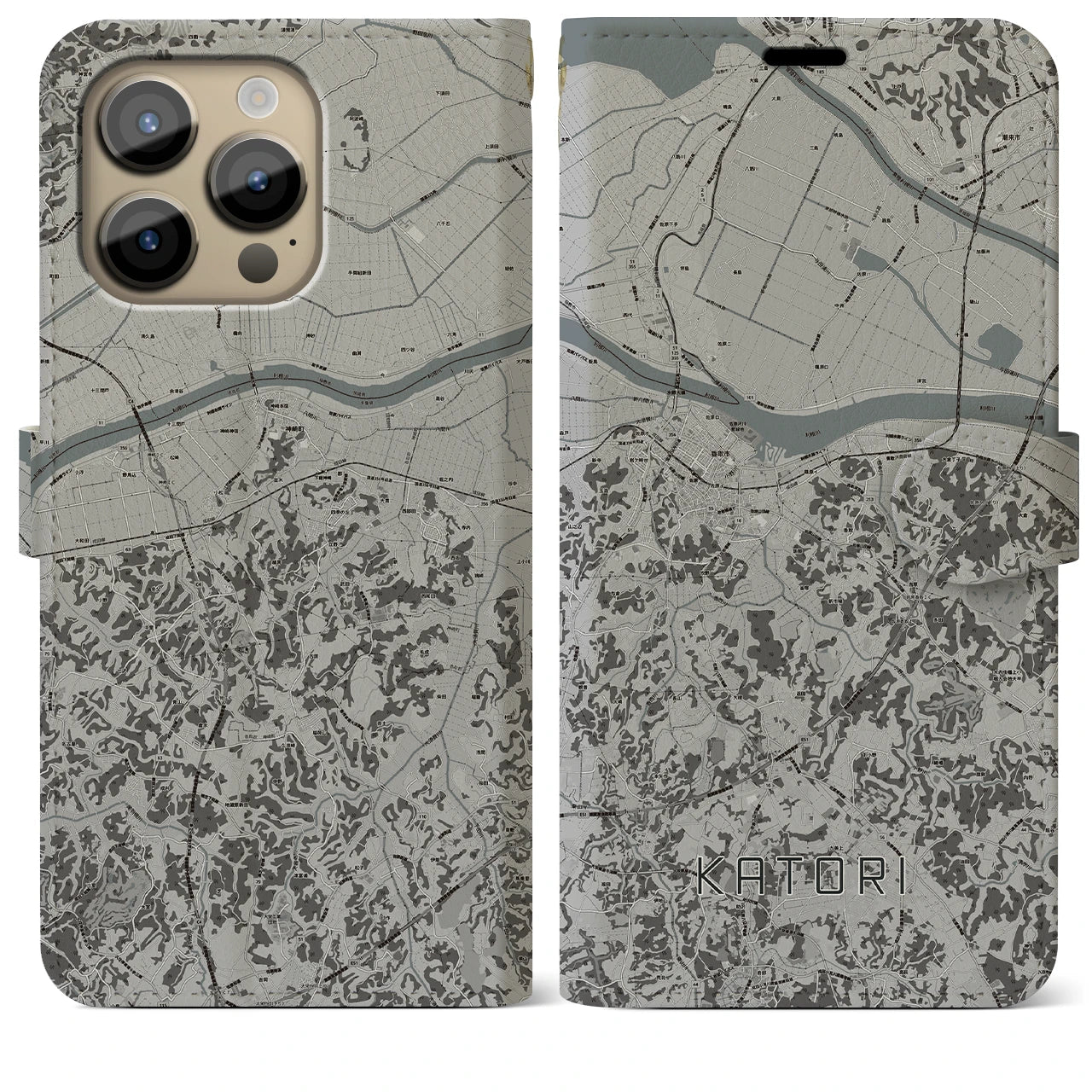 【香取】地図柄iPhoneケース（手帳両面タイプ・モノトーン）iPhone 14 Pro Max 用