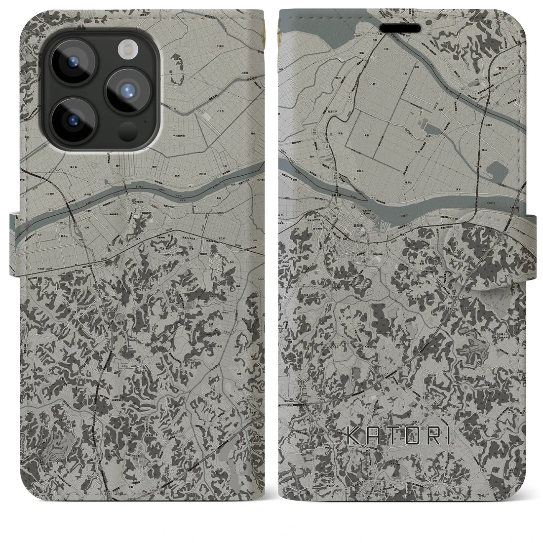【香取】地図柄iPhoneケース（手帳両面タイプ・モノトーン）iPhone 15 Pro Max 用