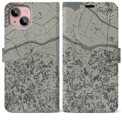 【香取（千葉県）】地図柄iPhoneケース（手帳タイプ）モノトーン・iPhone 15 Plus 用