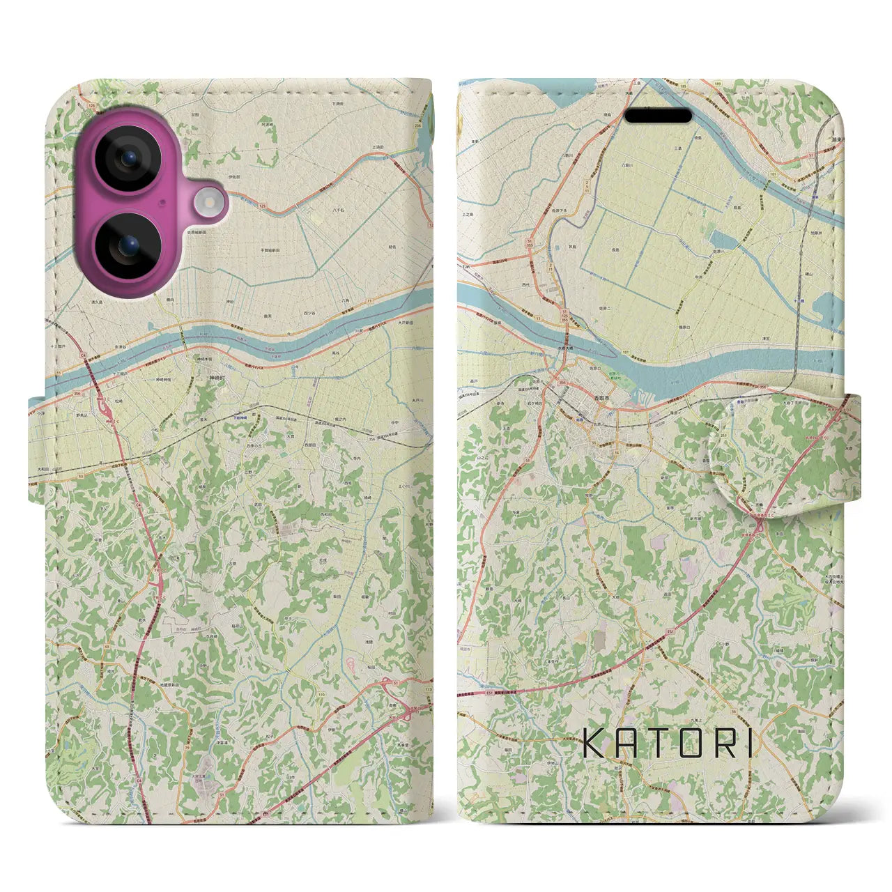 【香取（千葉県）】地図柄iPhoneケース（手帳タイプ）ナチュラル・iPhone 16 Pro 用