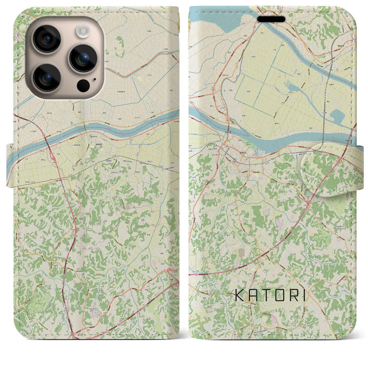 【香取（千葉県）】地図柄iPhoneケース（手帳タイプ）ナチュラル・iPhone 16 Plus 用