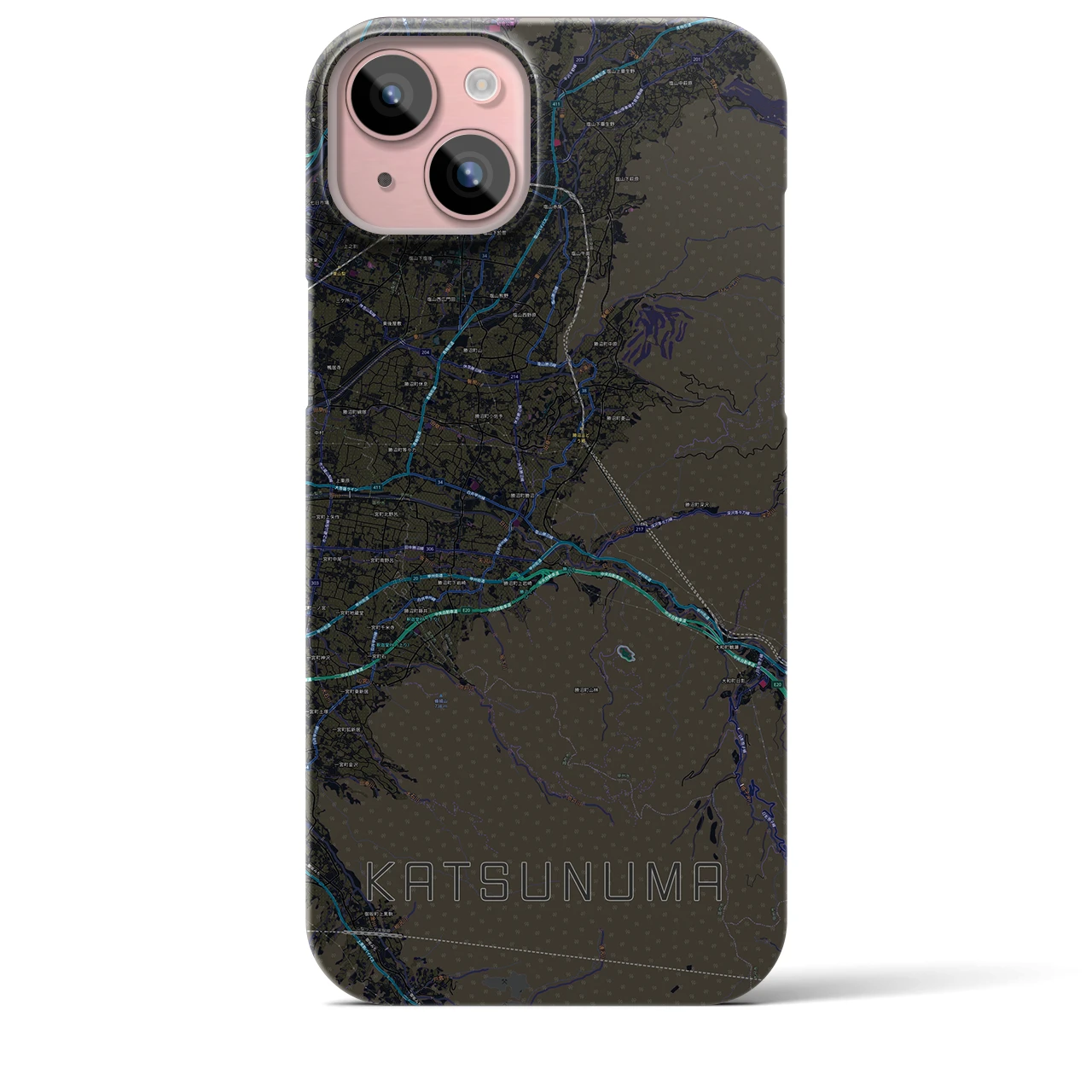 【勝沼（山梨県）】地図柄iPhoneケース（バックカバータイプ）ブラック・iPhone 15 Plus 用