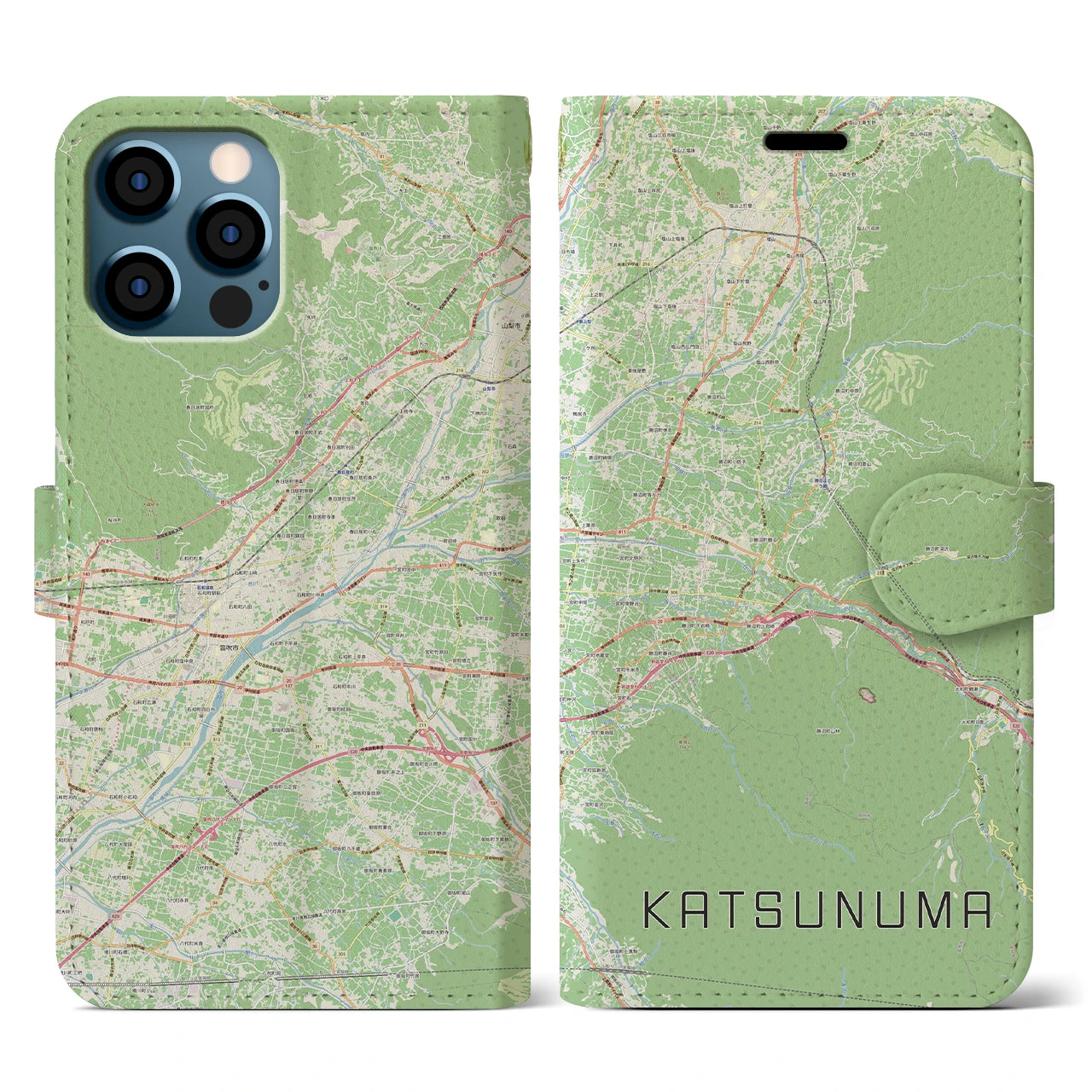 【勝沼（山梨県）】地図柄iPhoneケース（手帳タイプ）ナチュラル・iPhone 12 / 12 Pro 用