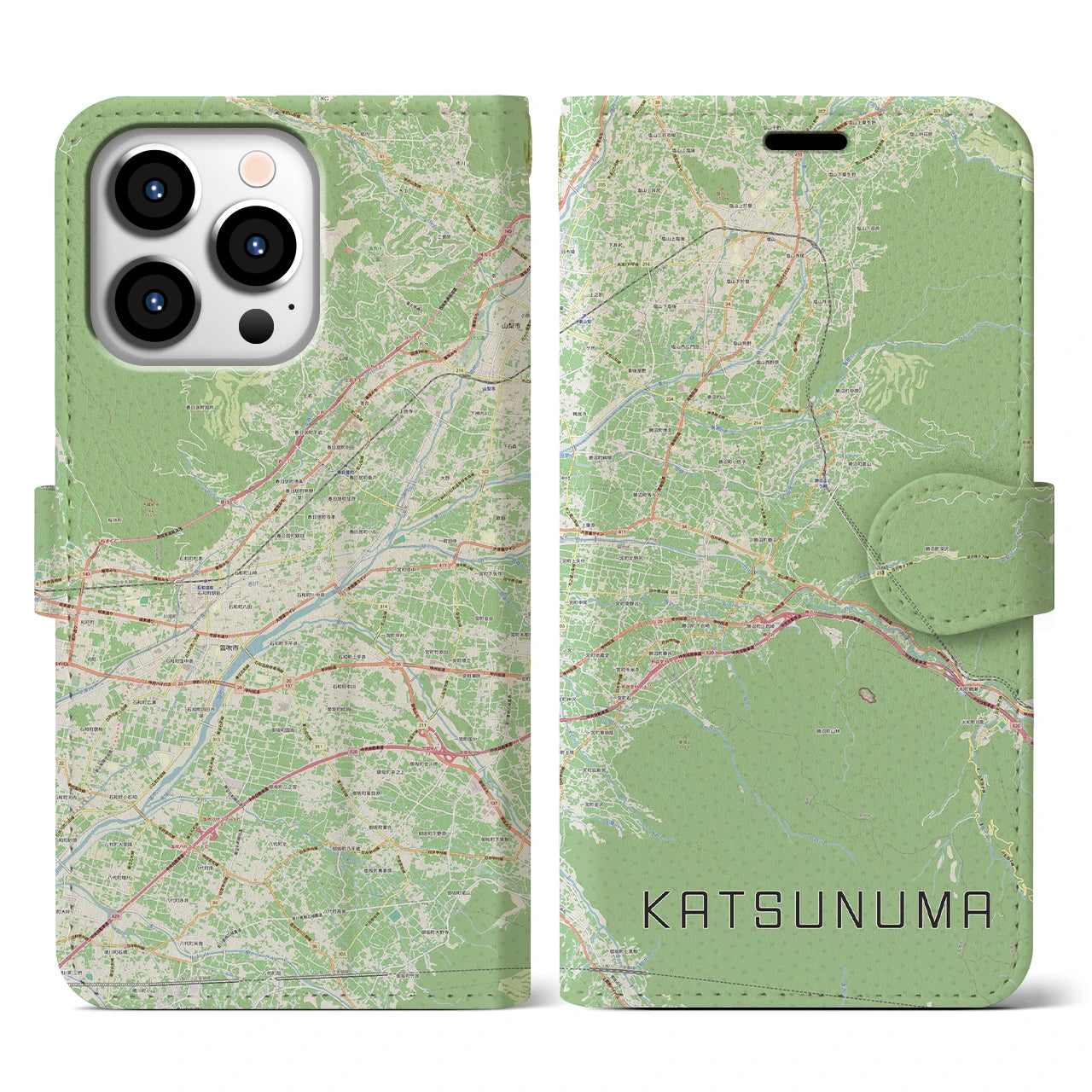 【勝沼（山梨県）】地図柄iPhoneケース（手帳タイプ）ナチュラル・iPhone 13 Pro 用