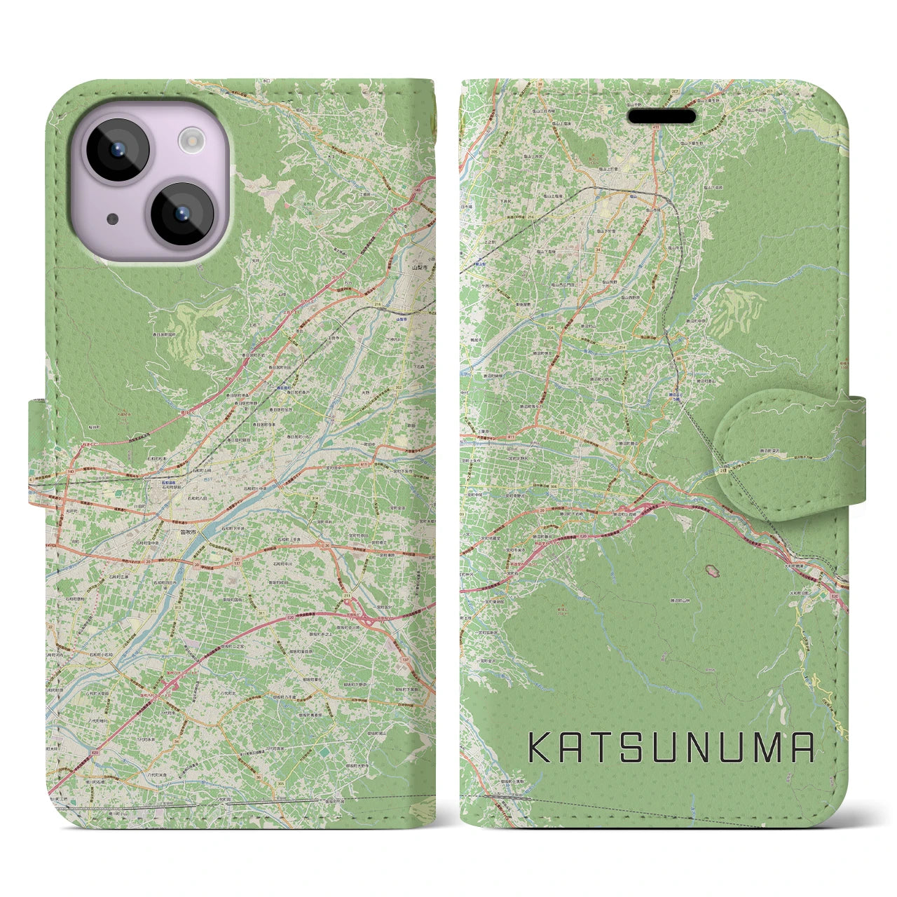 【勝沼（山梨県）】地図柄iPhoneケース（手帳タイプ）ナチュラル・iPhone 14 用