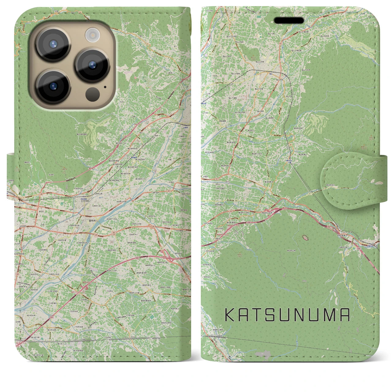 【勝沼（山梨県）】地図柄iPhoneケース（手帳タイプ）ナチュラル・iPhone 14 Pro Max 用