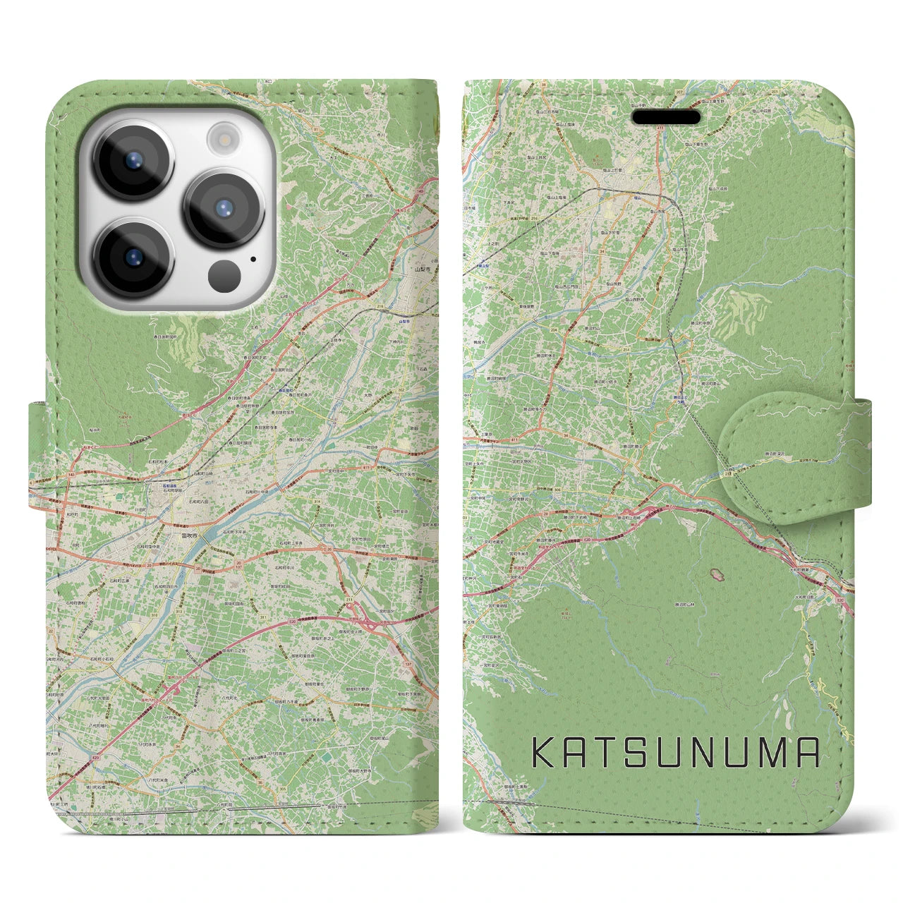 【勝沼（山梨県）】地図柄iPhoneケース（手帳タイプ）ナチュラル・iPhone 14 Pro 用