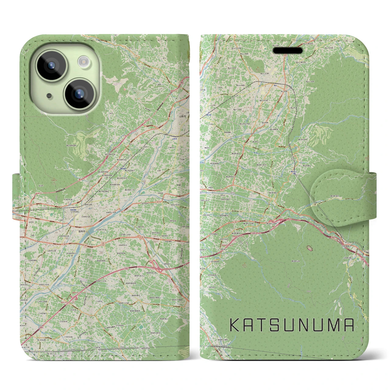 【勝沼（山梨県）】地図柄iPhoneケース（手帳タイプ）ナチュラル・iPhone 15 用