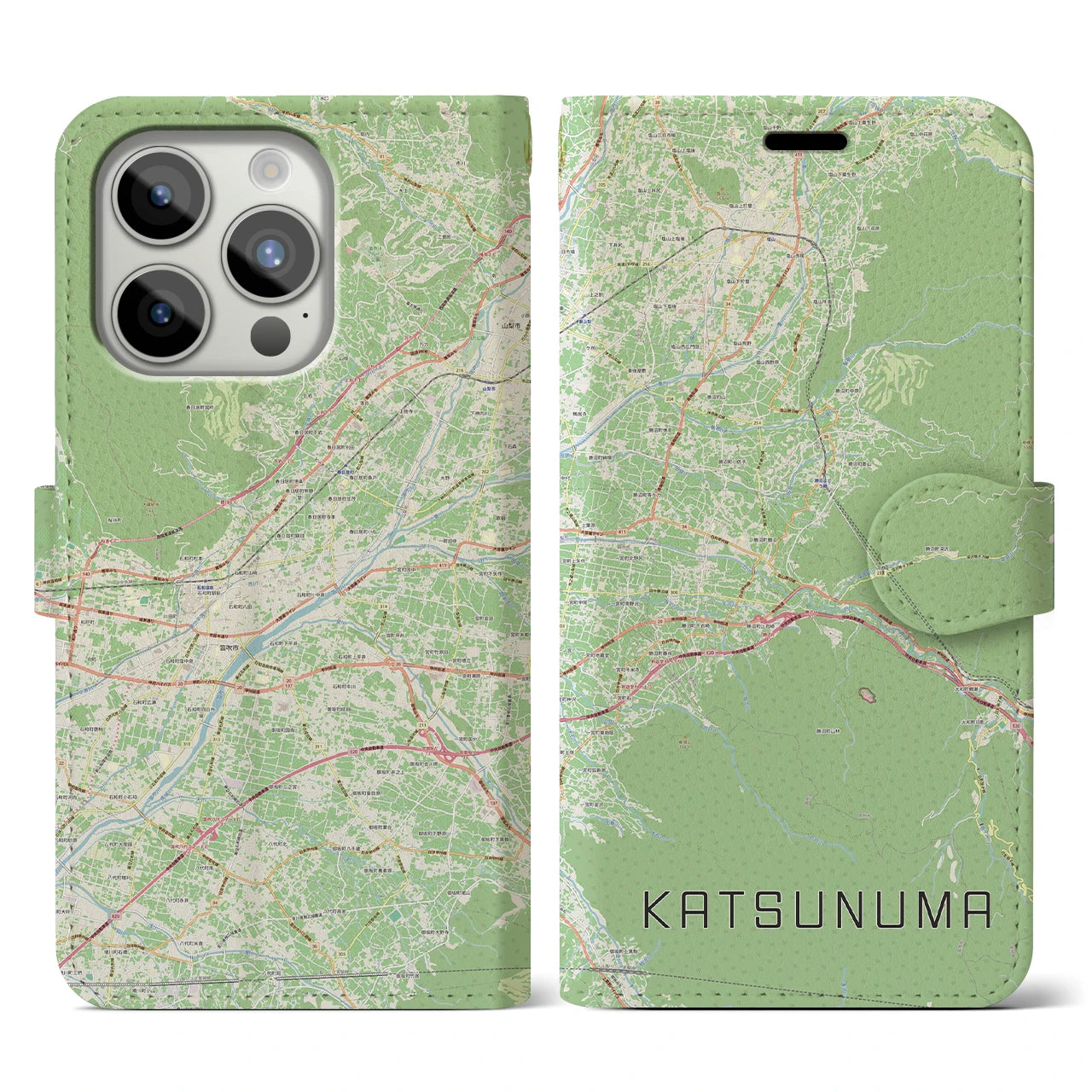 【勝沼（山梨県）】地図柄iPhoneケース（手帳タイプ）ナチュラル・iPhone 15 Pro 用