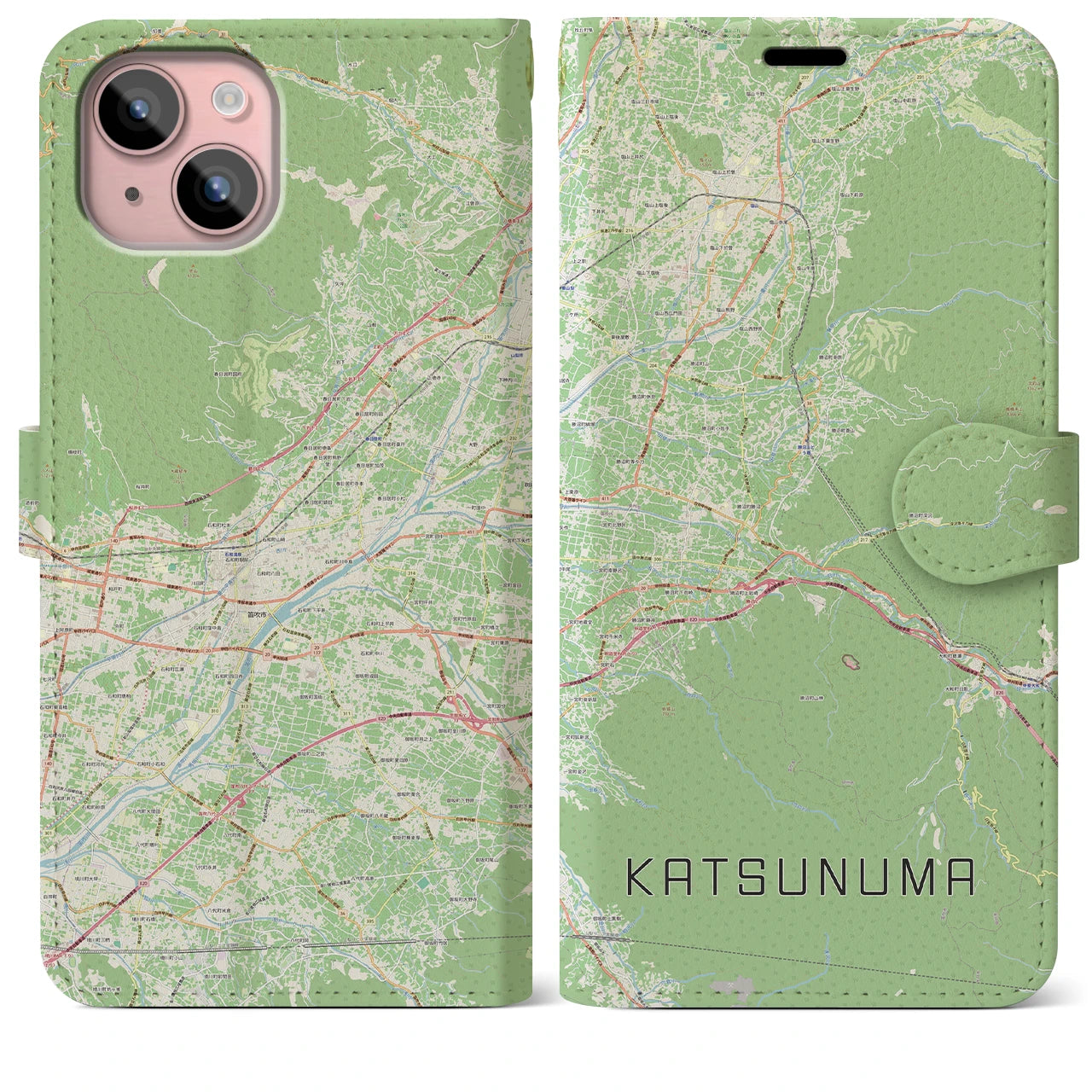 【勝沼（山梨県）】地図柄iPhoneケース（手帳タイプ）ナチュラル・iPhone 15 Plus 用