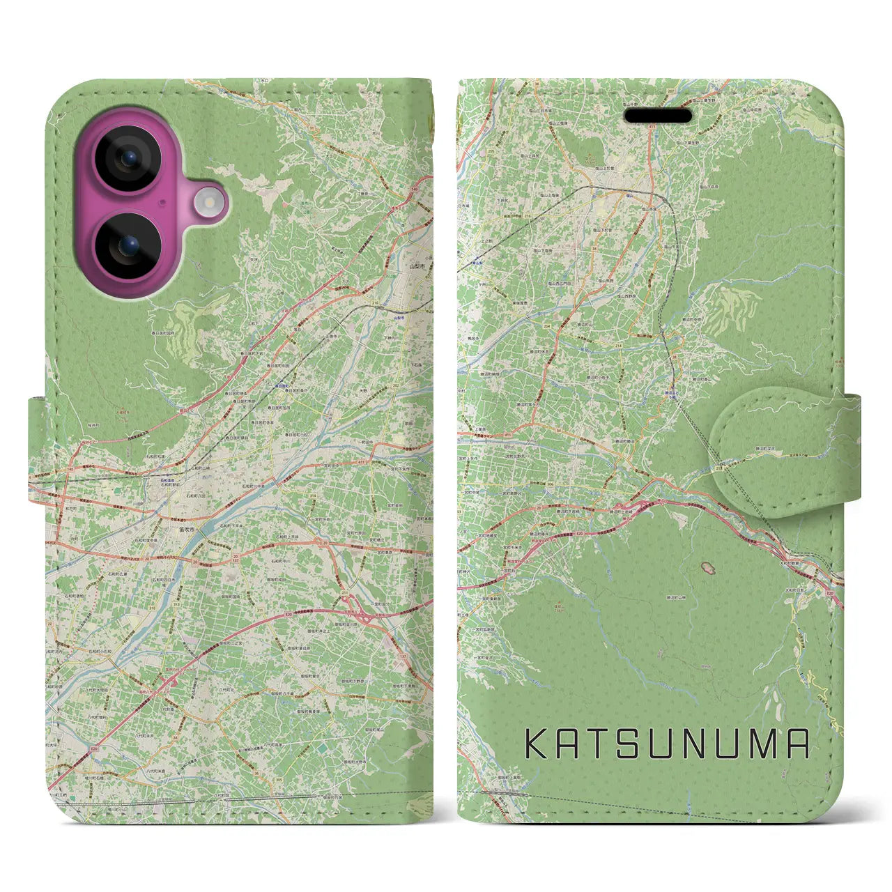 【勝沼（山梨県）】地図柄iPhoneケース（手帳タイプ）ナチュラル・iPhone 16 Pro 用