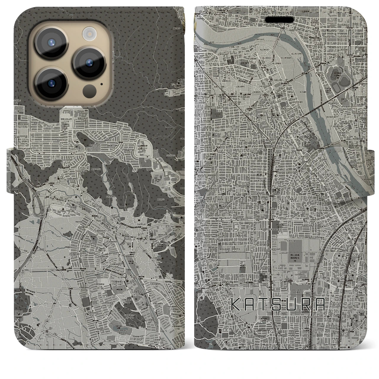 【桂】地図柄iPhoneケース（手帳両面タイプ・モノトーン）iPhone 14 Pro Max 用