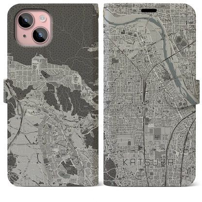 【桂（京都府）】地図柄iPhoneケース（手帳タイプ）モノトーン・iPhone 15 Plus 用